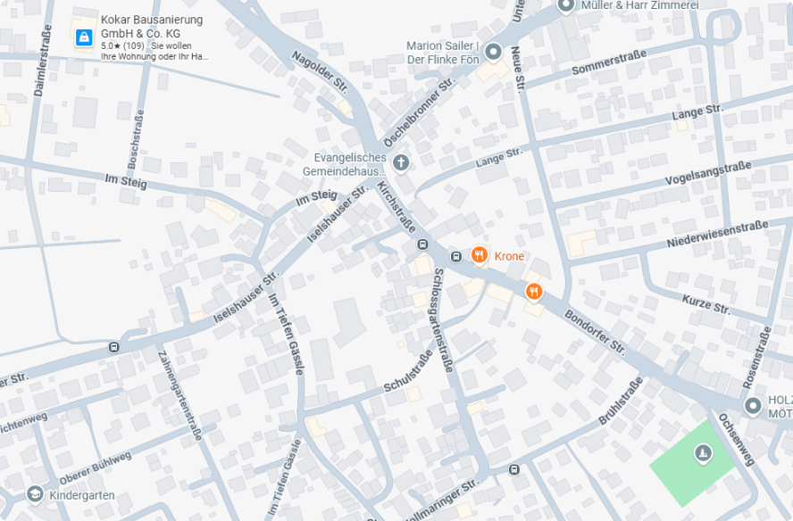 Kartenausschnitt Mötzingen mit Lage der Praxis, Schulstraße 3